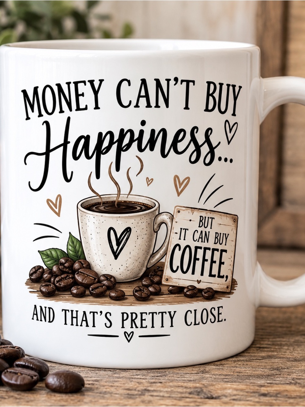 Ceramic Coffee Mug "Money Can't Buy Happiness" - White